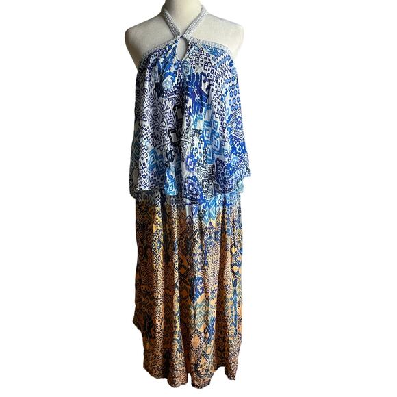 RAGA | Blue and Mustard Boho Tiered Midi Halter Neck Ruffle Sundress | Small - Picture 2 of 7